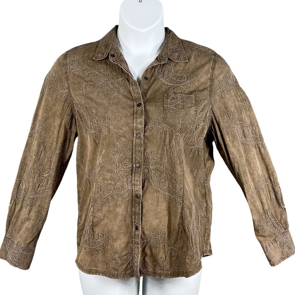 VTG Natural Reflections Womens L Embroidered Shacket Snap Up Long Sleeve Western